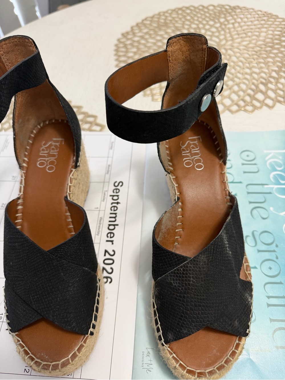 Franco Sarto Black Crisscross Espadrille Wedge Sandals with Ankle Strap